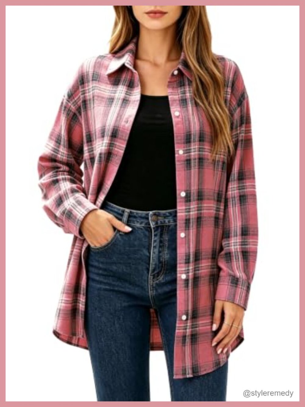 Oversized Plaid Flannel Shirt Long Sleeve Button Down Blouse Top